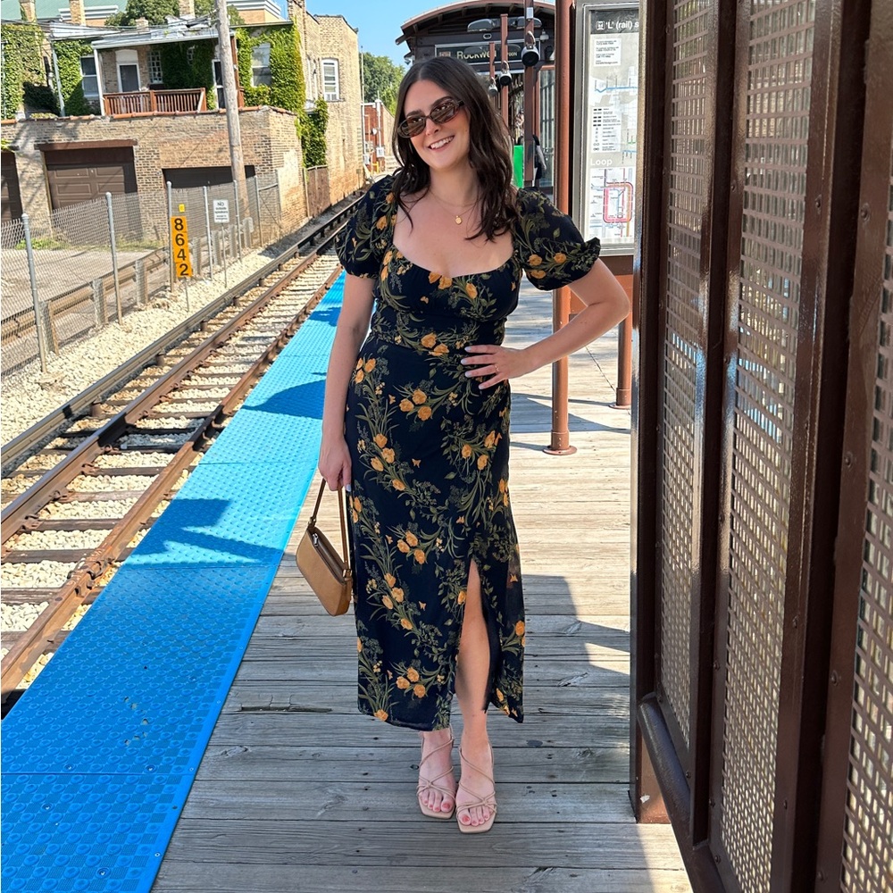 Reformation Navy Blue Yellow Floral Dress